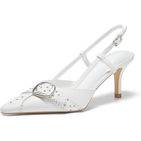 💫 Women White Slingback Kitten Heels Studded Pointed Toe Pumps Buckle Shoes - Picture 1 of 7